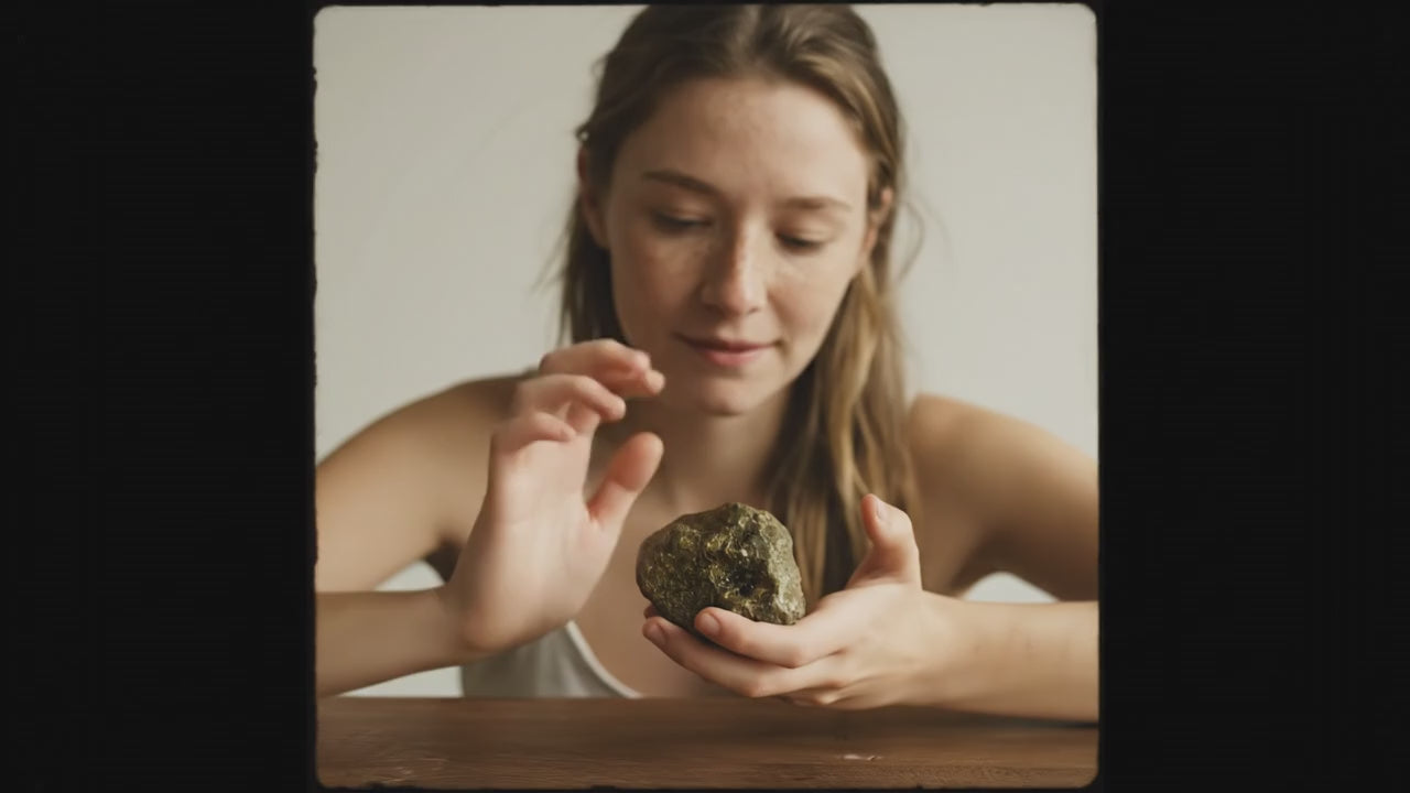 Virtuelle junge Frau mit Mineral in den Hànden sagt: "Glaubst du an Zufall? Ich auch nicht!"